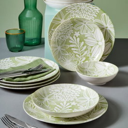 Hermia GBSATN18KY1R41864 Juego de Cena de Porcelana 18 Piezas Verde Pistacho y Blanco Apto Lavavajillas Microondas Servicio para 6 Personas